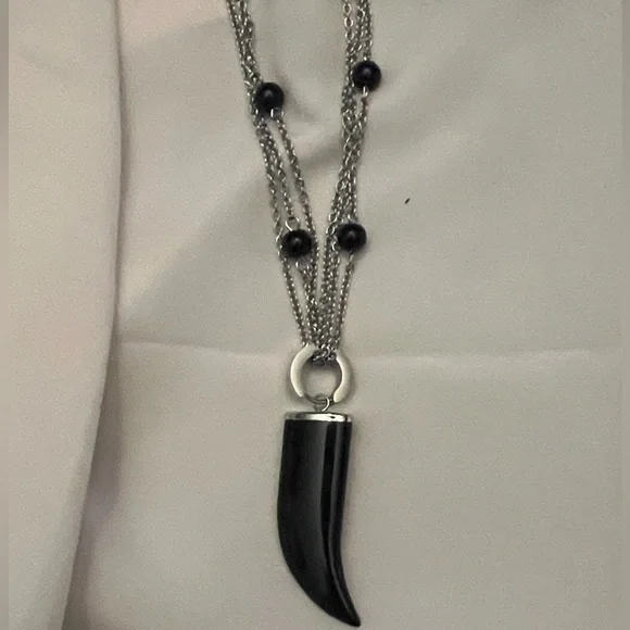 NWOT - Black Tusk Earrings & Stainless Steel Silver Necklace with Huggie & Tusk - Picture 4 of 12